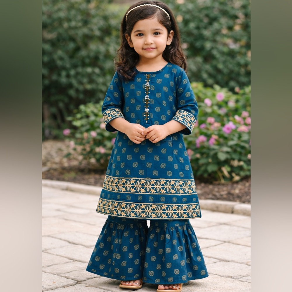 Eid Girls Teal Embroidered Gharara